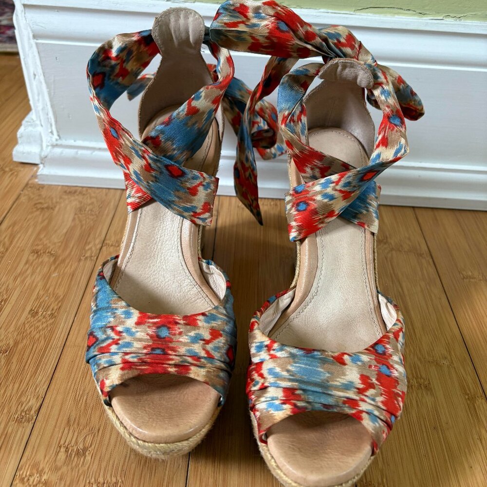 UGG Lucianna Santorini Ikat Silk Straps Jute Wedge Sandals Heels US 8